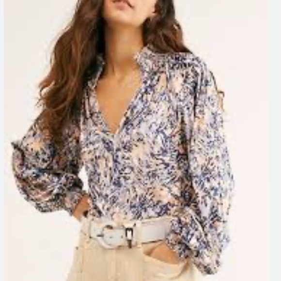 Free People shirt go get em velvet velour tan & blue xs smocked soft boho - Picture 8 of 8